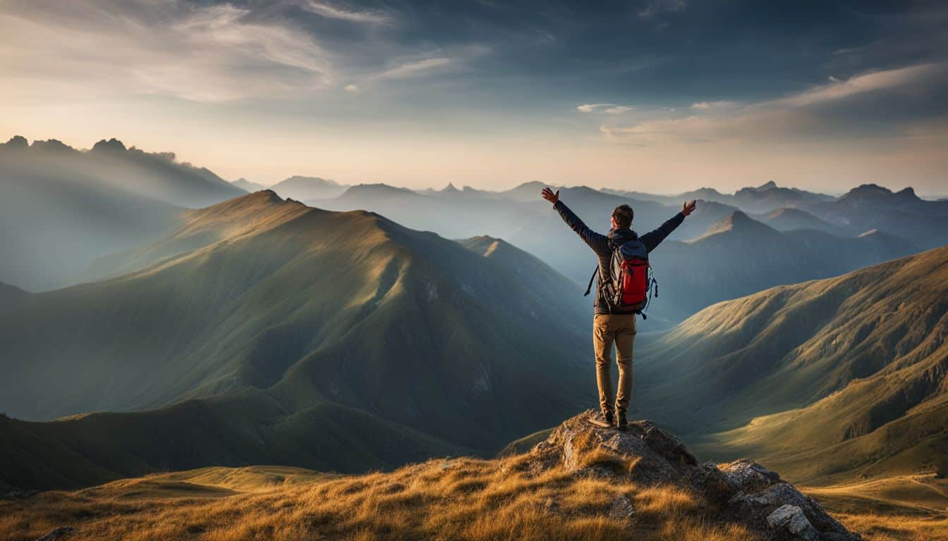 A person standing on a mountain, surrounded by nature, with arms outstretched.